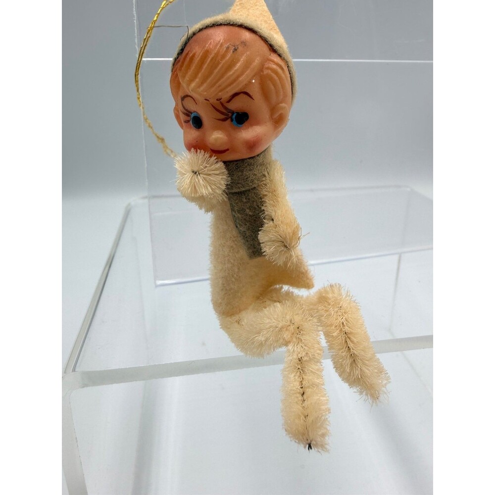 Vntg Chenille Elf Pixie Pipe Cleaner Christmas Ornament + Bonus Glitter Angel